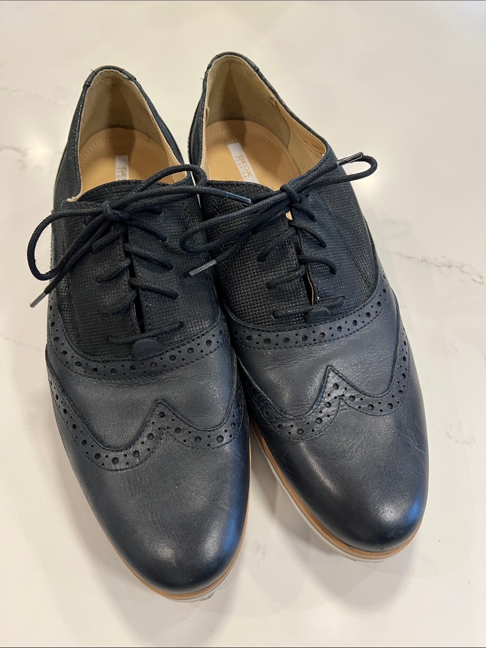 Geox Black Leather Brogue Lace-Up Flats